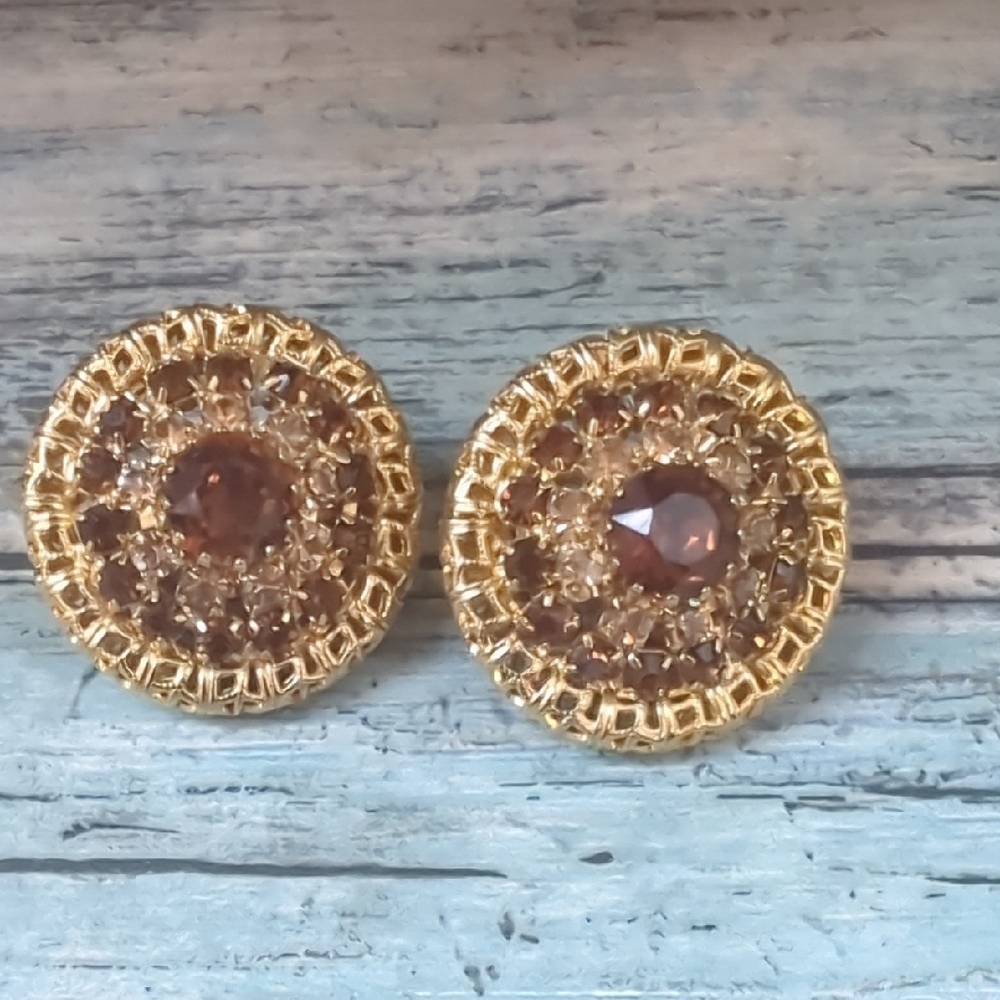 Vintage "Hobé", Rare Smoked Topaz Rhinestone Dome Earrings , 1960s